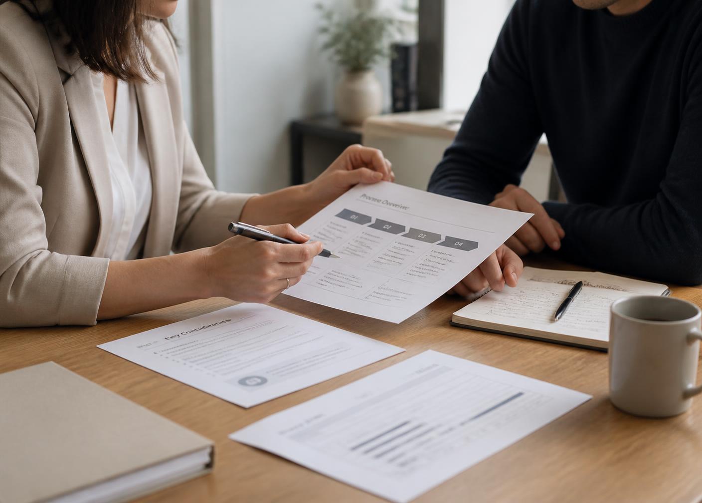 Two colleagues reviewing a printed process overview at a table